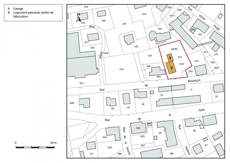Plan-masse et de situation. Extrait du plan cadastral, 2015, section AB. © Région Bourgogne-Franche-Comté, Inventaire du patrimoine Plan-masse et de situation. Extrait du plan cadastral, 2015, section AB. © Région Bourgogne-Franche-Comté, Inventaire du patrimoine