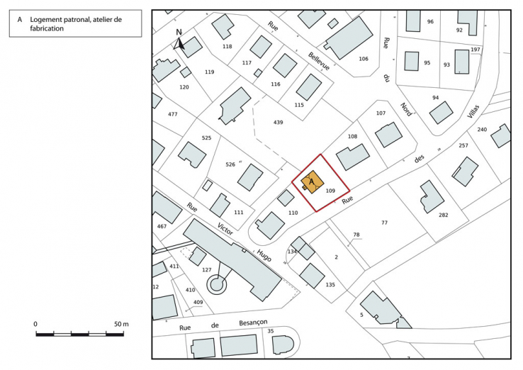Plan-masse et de situation. Extrait du plan cadastral, 2015, section AB. © Région Bourgogne-Franche-Comté, Inventaire du patrimoine Plan-masse et de situation. Extrait du plan cadastral, 2015, section AB. © Région Bourgogne-Franche-Comté, Inventaire du patrimoine
