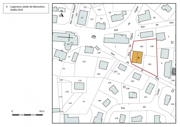 Plan-masse et de situation. Extrait du plan cadastral, 2015, section AD. © Région Bourgogne-Franche-Comté, Inventaire du patrimoine Plan-masse et de situation. Extrait du plan cadastral, 2015, section AD. © Région Bourgogne-Franche-Comté, Inventaire du patrimoine