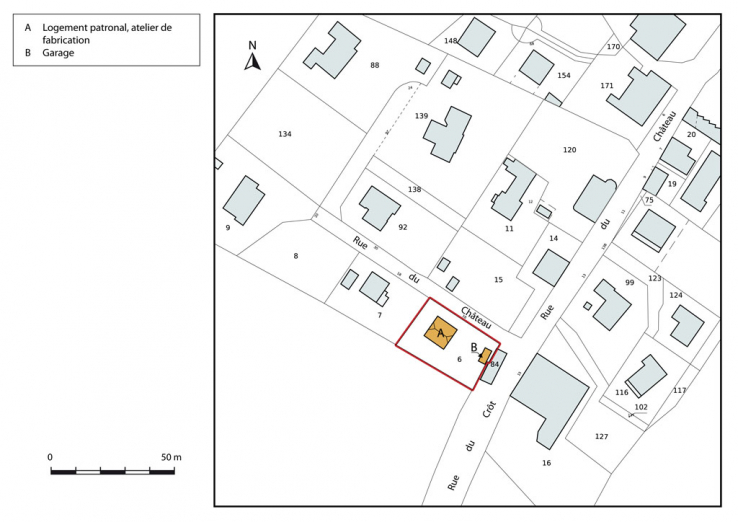Plan-masse et de situation. Extrait du plan cadastral, 2015, section AH. © Région Bourgogne-Franche-Comté, Inventaire du patrimoine Plan-masse et de situation. Extrait du plan cadastral, 2015, section AH. © Région Bourgogne-Franche-Comté, Inventaire du patrimoine