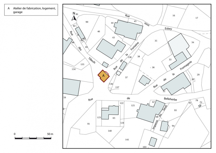 Plan-masse et de situation. Extrait du plan cadastral, 2015, section AE. © Région Bourgogne-Franche-Comté, Inventaire du patrimoine Plan-masse et de situation. Extrait du plan cadastral, 2015, section AE. © Région Bourgogne-Franche-Comté, Inventaire du patrimoine
