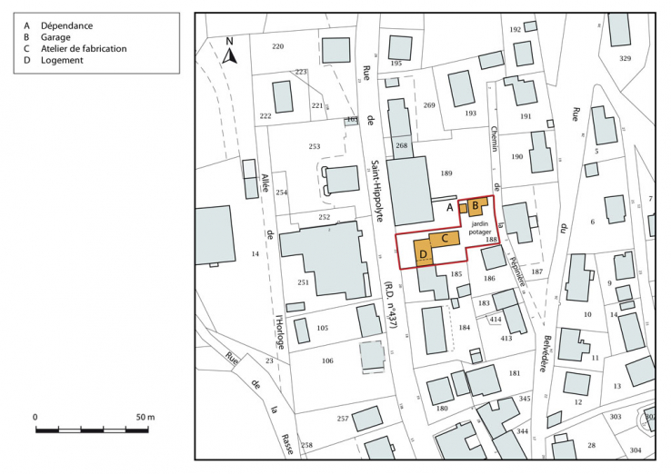 Plan-masse et de situation. Extrait du plan cadastral, 2015, section AB. © Région Bourgogne-Franche-Comté, Inventaire du patrimoine Plan-masse et de situation. Extrait du plan cadastral, 2015, section AB. © Région Bourgogne-Franche-Comté, Inventaire du patrimoine