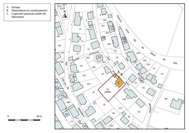 Plan-masse et de situation. Extrait du plan cadastral, 2015, section AB. © Région Bourgogne-Franche-Comté, Inventaire du patrimoine Plan-masse et de situation. Extrait du plan cadastral, 2015, section AB. © Région Bourgogne-Franche-Comté, Inventaire du patrimoine