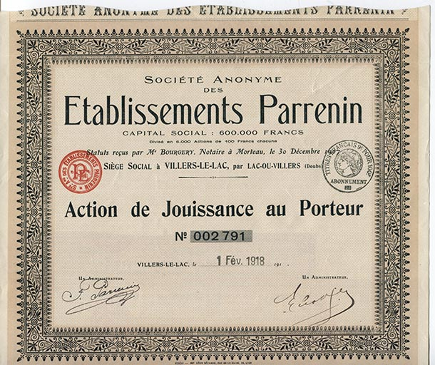 Société anonyme des Etablissements Parrenin. Action de jouissance au porteur, 1er février 1918. © Région Bourgogne-Franche-Comté, Inventaire du patrimoine Société anonyme des Etablissements Parrenin. Action de jouissance au porteur, 1er février 1918. © Région Bourgogne-Franche-Comté, Inventaire du patrimoine