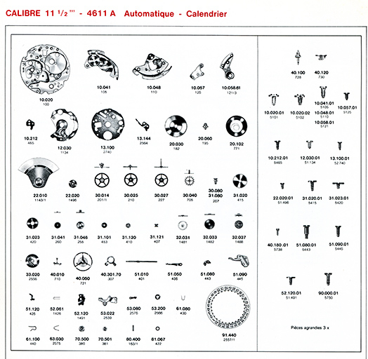 Calibre 11 1/2''' - 4611-A Automatique Calendrier [éclaté des fournitures], 1973. © Région Bourgogne-Franche-Comté, Inventaire du patrimoine