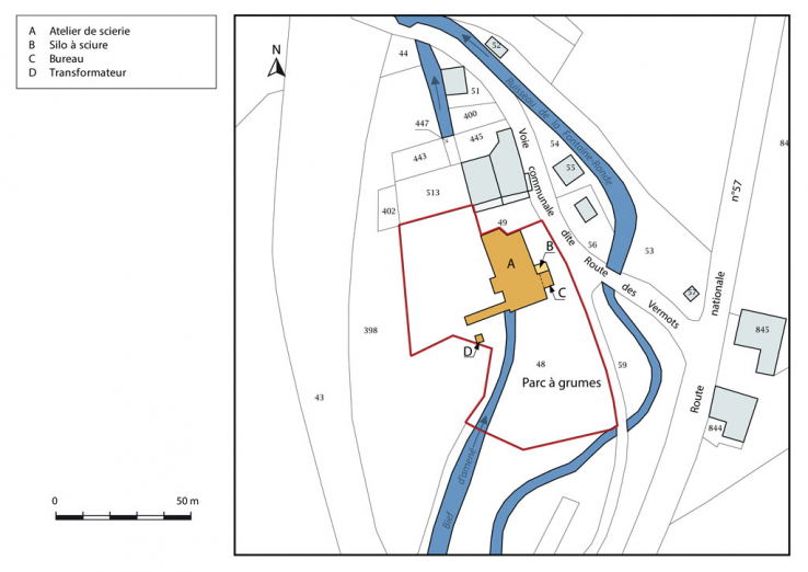 Plan-masse et de situation. Extrait du plan cadastral, 2015, section D. © Région Bourgogne-Franche-Comté, Inventaire du patrimoine