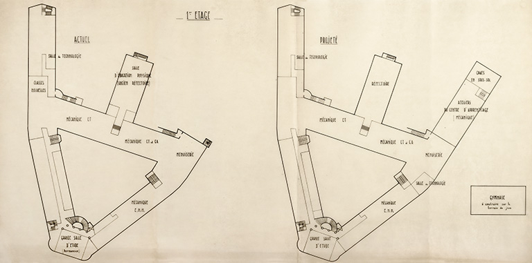 [Plan d’affectation des locaux]. 1er étage [actuel et projeté], [décennie 1950]. © Région Bourgogne-Franche-Comté, Inventaire du patrimoine