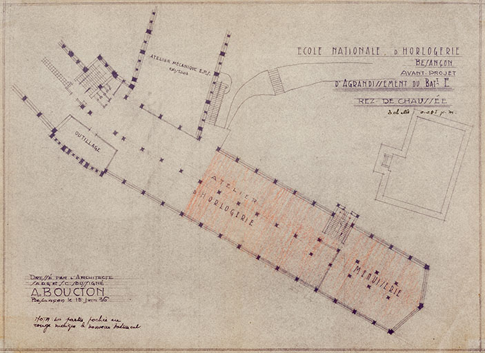 Ecole nationale d’Horlogerie de Besançon. Avant-projet d’agrandissement du Bat E. Rez-de-chaussée, 15 juin 1936. © Région Bourgogne-Franche-Comté, Inventaire du patrimoine Ecole nationale d’Horlogerie de Besançon. Avant-projet d’agrandissement du Bat E. Rez-de-chaussée, 15 juin 1936. © Région Bourgogne-Franche-Comté, Inventaire du patrimoine