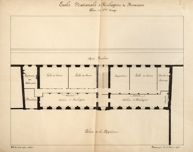 Ecole nationale d’Horlogerie de Besançon. Plan du 2ème Etage, 16 février 1921. © Région Bourgogne-Franche-Comté, Inventaire du patrimoine Ecole nationale d’Horlogerie de Besançon. Plan du 2ème Etage, 16 février 1921. © Région Bourgogne-Franche-Comté, Inventaire du patrimoine