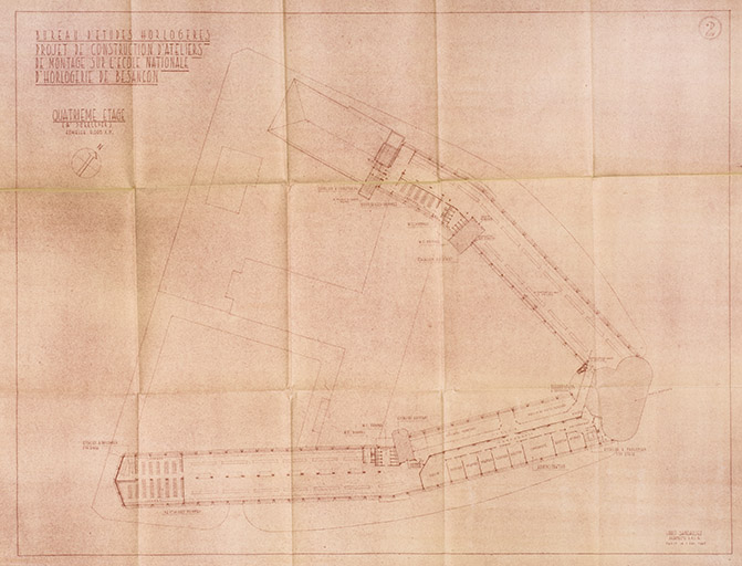 Bureau d'Etudes horlogères. Projet de construction d'ateliers de montage sur l'Ecole nationale d'Horlogerie de Besançon. Quatrième étage (à surélever). [Feuille] 2, 1er février 1940. © Région Bourgogne-Franche-Comté, Inventaire du patrimoine