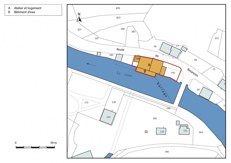 Plan-masse et de situation. Extrait du plan cadastral, 2016, section AB. © Région Bourgogne-Franche-Comté, Inventaire du patrimoine Plan-masse et de situation. Extrait du plan cadastral, 2016, section AB. © Région Bourgogne-Franche-Comté, Inventaire du patrimoine