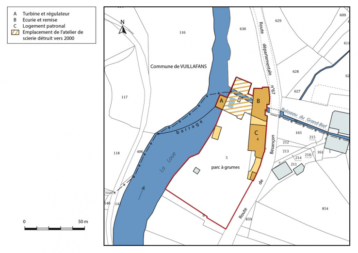Plan-masse et de situation. Montage d'extraits de plans cadastraux, 2016, Lods, section AB et Vuillafans, section B. © Région Bourgogne-Franche-Comté, Inventaire du patrimoine Plan-masse et de situation. Montage d'extraits de plans cadastraux, 2016, Lods, section AB et Vuillafans, section B. © Région Bourgogne-Franche-Comté, Inventaire du patrimoine
