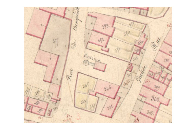La place publique sur le cadastre de 1823. © Région Bourgogne-Franche-Comté, Inventaire du patrimoine