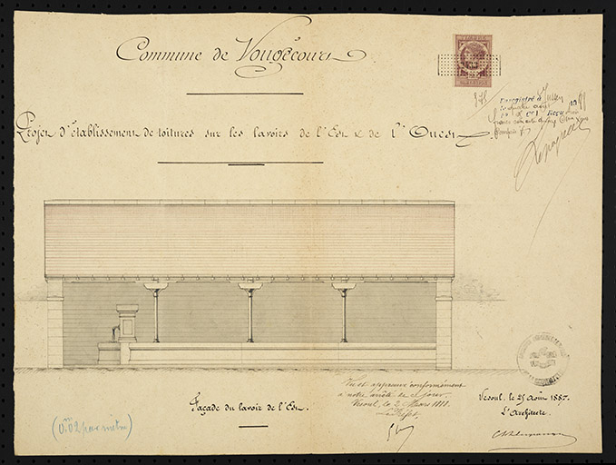 Projet d'établissement de toitures sur les lavoirs de l'est et de l'ouest. [Élévation] 1887 © Région Bourgogne-Franche-Comté, Inventaire du patrimoine