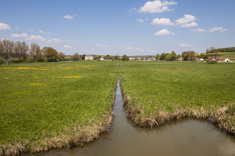 Vue sur les pâturages avec le château en arrière plan. © Région Bourgogne-Franche-Comté, Inventaire du patrimoine Vue sur les pâturages avec le château en arrière plan. © Région Bourgogne-Franche-Comté, Inventaire du patrimoine