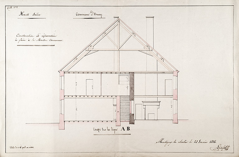 Proposition de Loiselot pour la construction de la maison commune : coupe. © Région Bourgogne-Franche-Comté, Inventaire du patrimoine Proposition de Loiselot pour la construction de la maison commune : coupe. © Région Bourgogne-Franche-Comté, Inventaire du patrimoine