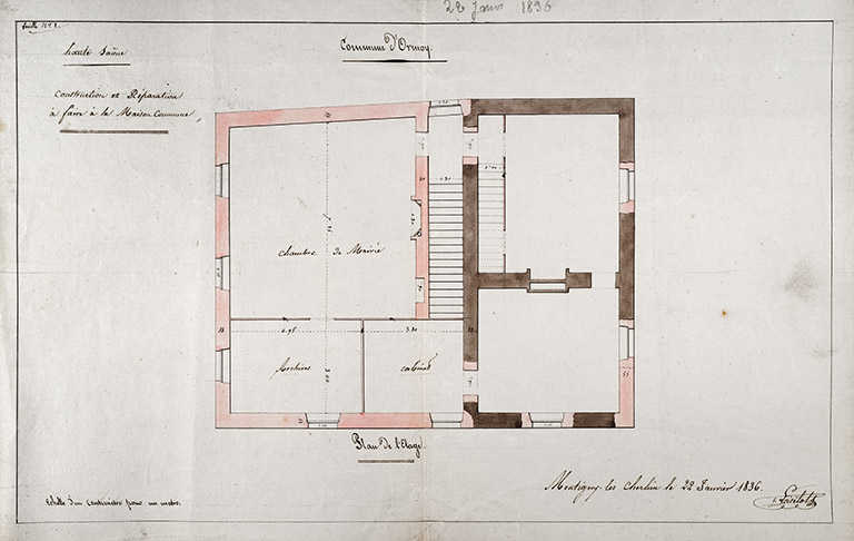 Proposition de Loiselot pour la construction de la maison commune : plan de l'étage. © Région Bourgogne-Franche-Comté, Inventaire du patrimoine Proposition de Loiselot pour la construction de la maison commune : plan de l'étage. © Région Bourgogne-Franche-Comté, Inventaire du patrimoine