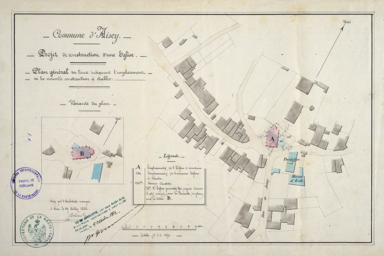 Projet de construction de l'église, plan général des lieux (1862). © Région Bourgogne-Franche-Comté, Inventaire du patrimoine Projet de construction de l'église, plan général des lieux (1862). © Région Bourgogne-Franche-Comté, Inventaire du patrimoine
