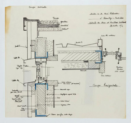 Plans en coupe, détails des murs et fenêtres coulissantes. © Région Bourgogne-Franche-Comté, Inventaire du patrimoine