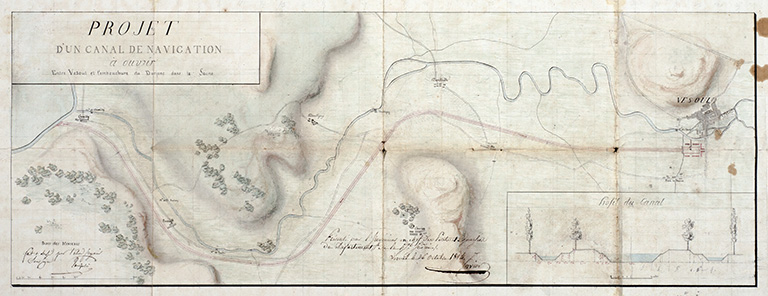Projet de canal de navigation à ouvrir entre Vesoul et l'embouchure du Durgeon, 1814. © Région Bourgogne-Franche-Comté, Inventaire du patrimoine Projet de canal de navigation à ouvrir entre Vesoul et l'embouchure du Durgeon, 1814. © Région Bourgogne-Franche-Comté, Inventaire du patrimoine