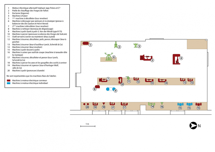 Localisation des machines fixes de l'atelier. © Région Bourgogne-Franche-Comté, Inventaire du patrimoine