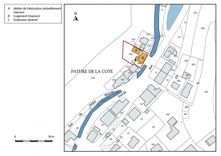 Plan-masse et de situation. Extrait du plan cadastral, 2017, section AC, 1/1 000. © Région Bourgogne-Franche-Comté, Inventaire du patrimoine