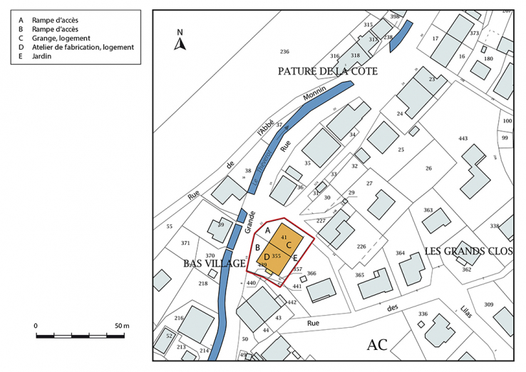 Plan-masse et de situation. Extrait du plan cadastral, 2017, section AC, 1/1 000. © Région Bourgogne-Franche-Comté, Inventaire du patrimoine