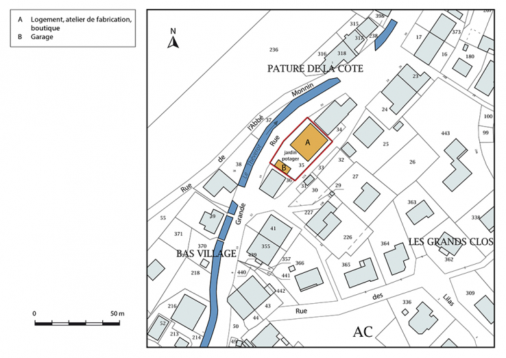 Plan-masse et de situation. Extrait du plan cadastral, 2017, section AC, 1/1 000. © Région Bourgogne-Franche-Comté, Inventaire du patrimoine