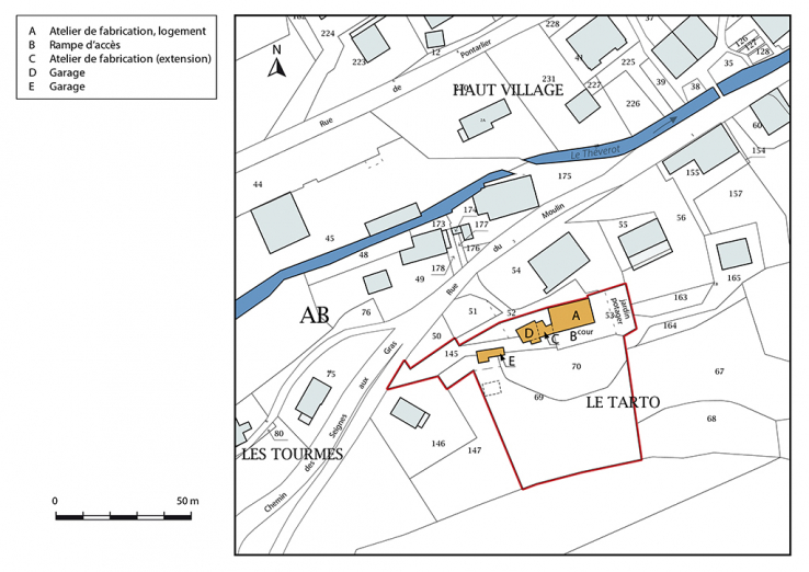 Plan-masse et de situation. Extrait du plan cadastral, 2017, section AB, 1/1 000. © Région Bourgogne-Franche-Comté, Inventaire du patrimoine