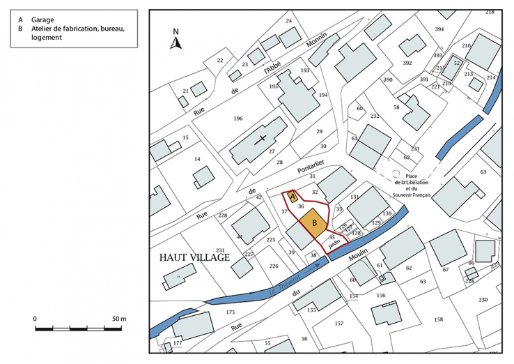 Plan-masse et de situation. Extrait du plan cadastral, 2017, section AB, 1/1 000. © Région Bourgogne-Franche-Comté, Inventaire du patrimoine