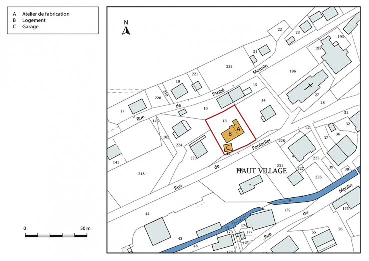 Plan-masse et de situation. Extrait du plan cadastral, 2017, section AB, 1/1 000. © Région Bourgogne-Franche-Comté, Inventaire du patrimoine