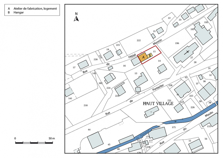 Plan-masse et de situation. Extrait du plan cadastral, 2017, section AB, 1/1 000. © Région Bourgogne-Franche-Comté, Inventaire du patrimoine