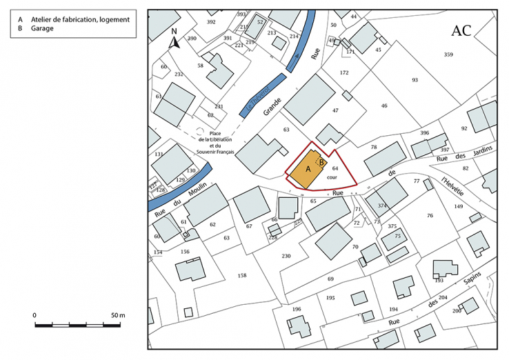 Plan-masse et de situation. Extrait du plan cadastral, 2017, section AC, 1/1 000. © Région Bourgogne-Franche-Comté, Inventaire du patrimoine Plan-masse et de situation. Extrait du plan cadastral, 2017, section AC, 1/1 000. © Région Bourgogne-Franche-Comté, Inventaire du patrimoine