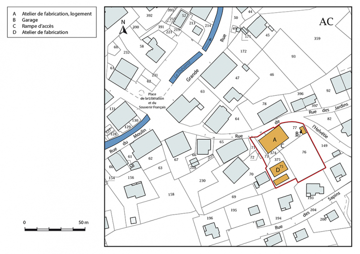 Plan-masse et de situation. Extrait du plan cadastral, 2017, section AC, 1/1 000. © Région Bourgogne-Franche-Comté, Inventaire du patrimoine