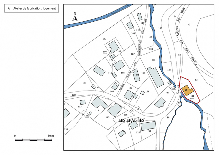 Plan-masse et de situation. Extrait du plan cadastral, 2017, section AB, 1/1 000. © Région Bourgogne-Franche-Comté, Inventaire du patrimoine