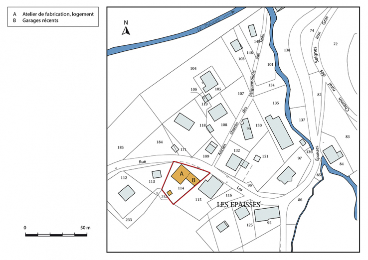 Plan-masse et de situation. Extrait du plan cadastral, 2017, section AB, 1/1 000. © Région Bourgogne-Franche-Comté, Inventaire du patrimoine