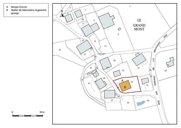Plan-masse et de situation. Extrait du plan cadastral, 2017, section AD, 1/1 000. © Région Bourgogne-Franche-Comté, Inventaire du patrimoine