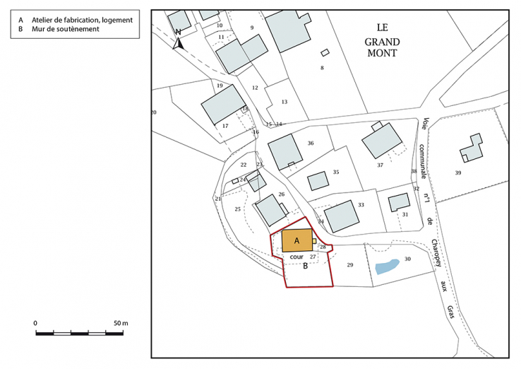 Plan-masse et de situation. Extrait du plan cadastral, 2017, section AD, 1/1 000. © Région Bourgogne-Franche-Comté, Inventaire du patrimoine