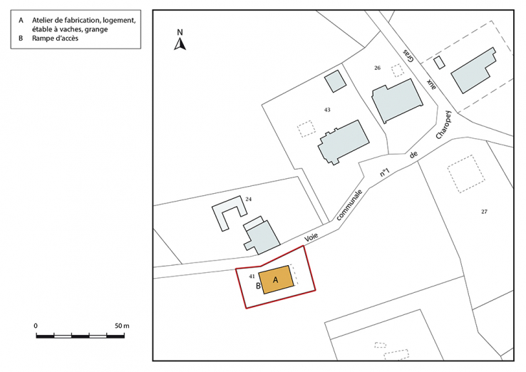 Plan-masse et de situation. Extrait du plan cadastral, 2017, section ZI, 1/1 000. © Région Bourgogne-Franche-Comté, Inventaire du patrimoine