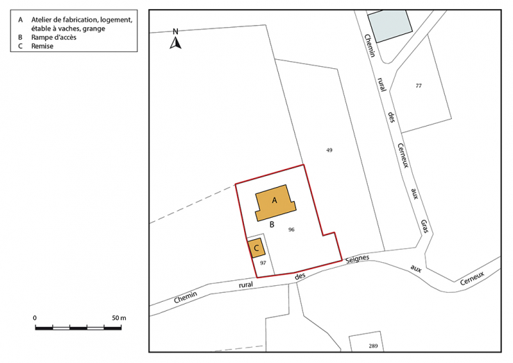 Plan-masse et de situation. Extrait du plan cadastral, 2017, section ZH, 1/1 000. © Région Bourgogne-Franche-Comté, Inventaire du patrimoine Plan-masse et de situation. Extrait du plan cadastral, 2017, section ZH, 1/1 000. © Région Bourgogne-Franche-Comté, Inventaire du patrimoine