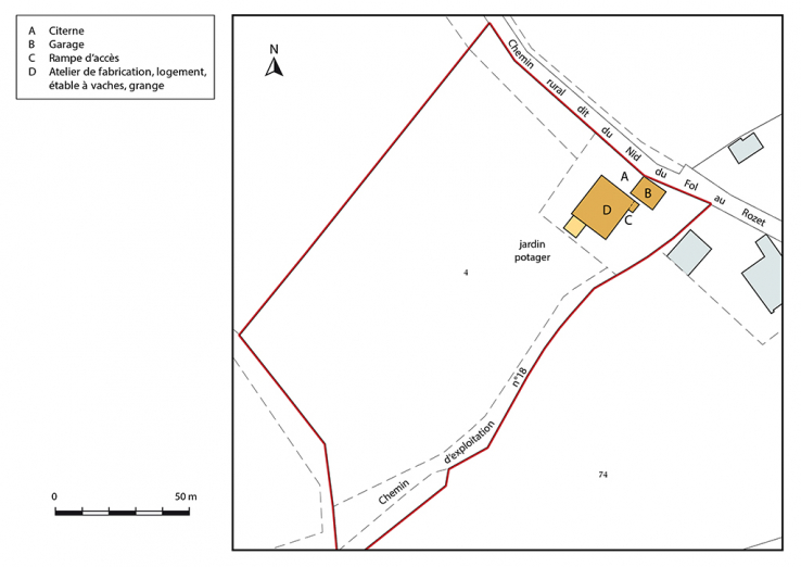 Plan-masse et de situation. Extrait du plan cadastral, 2017, section ZD, 1/1 000. © Région Bourgogne-Franche-Comté, Inventaire du patrimoine