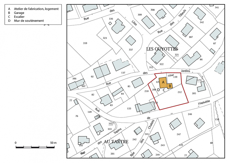 Plan-masse et de situation. Extrait du plan cadastral, 2017, section AC, 1/1 000. © Région Bourgogne-Franche-Comté, Inventaire du patrimoine