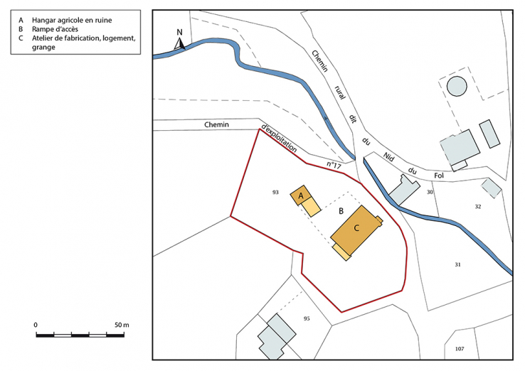 Plan-masse et de situation. Extrait du plan cadastral, 2017, section ZD, 1/1 000. © Région Bourgogne-Franche-Comté, Inventaire du patrimoine