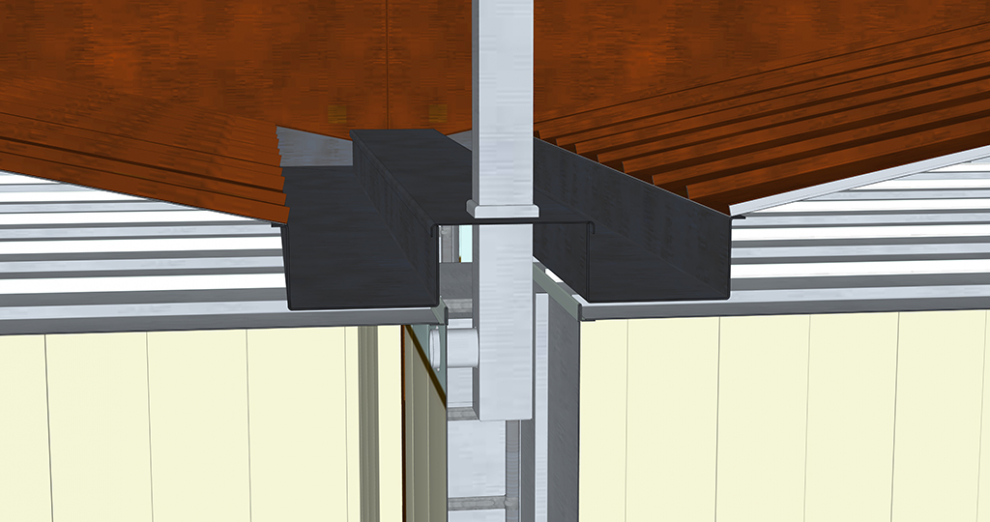 Restitution du système constructif : coupe au niveau de la noue centrale, avec cheminée, plafond et toiture. © Région Bourgogne-Franche-Comté, Inventaire du patrimoine