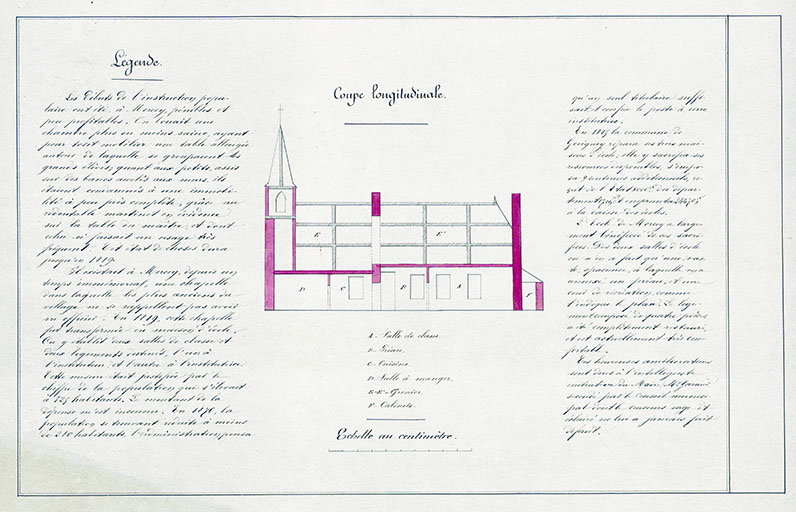 Plan de l'ancienne chapelle transformée en école accompagné d'un historique. © Archives départementales de la Haute-Saône Plan de l'ancienne chapelle transformée en école accompagné d'un historique. © Archives départementales de la Haute-Saône