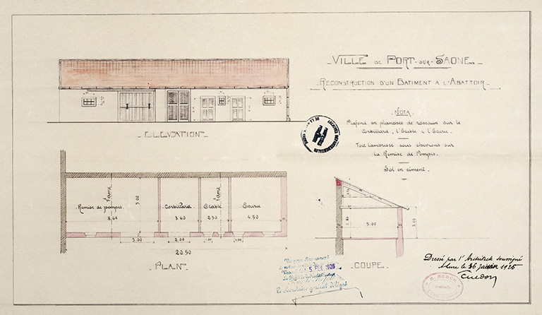 Reconstruction d'un bâtiment à l'abattoir : plan, coupe et élévation. © Région Bourgogne-Franche-Comté, Inventaire du patrimoine