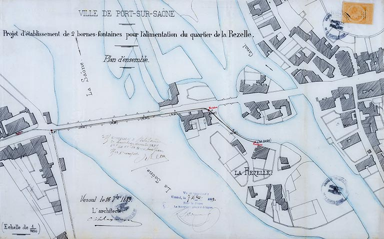 Plan d'ensemble de l'île de la Rezelle et projet d'implantation de fontaines (1889). © Région Bourgogne-Franche-Comté, Inventaire du patrimoine