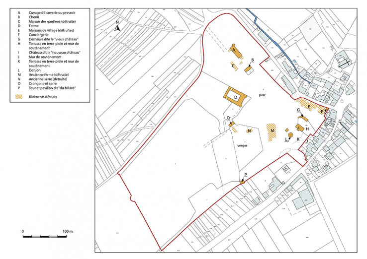 Plan-masse et de situation du site. Extrait du plan cadastral, 2017, section B, 1/4 000.  © Région Bourgogne-Franche-Comté, Inventaire du patrimoine