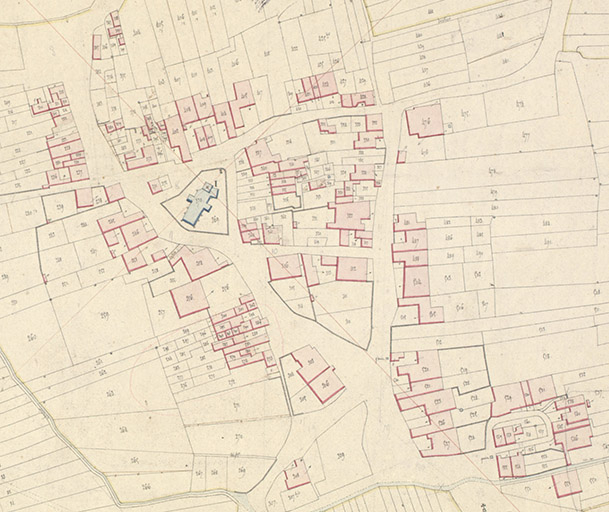 Extrait du cadastre napoléonien terminé le 29 mai 1819 : le centre du village. Section C feuille unique.  © Archives départementales de la Haute-Saône Extrait du cadastre napoléonien terminé le 29 mai 1819 : le centre du village. Section C feuille unique.  © Archives départementales de la Haute-Saône