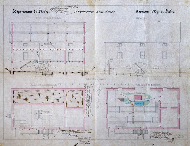 Construction d'une scierie [Plans, élévation et coupe], 1848. © Région Bourgogne-Franche-Comté, Inventaire du patrimoine